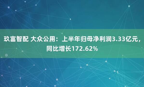 玖富智配 大众公用：上半年归母净利润3.33亿元，同比增长172.62%